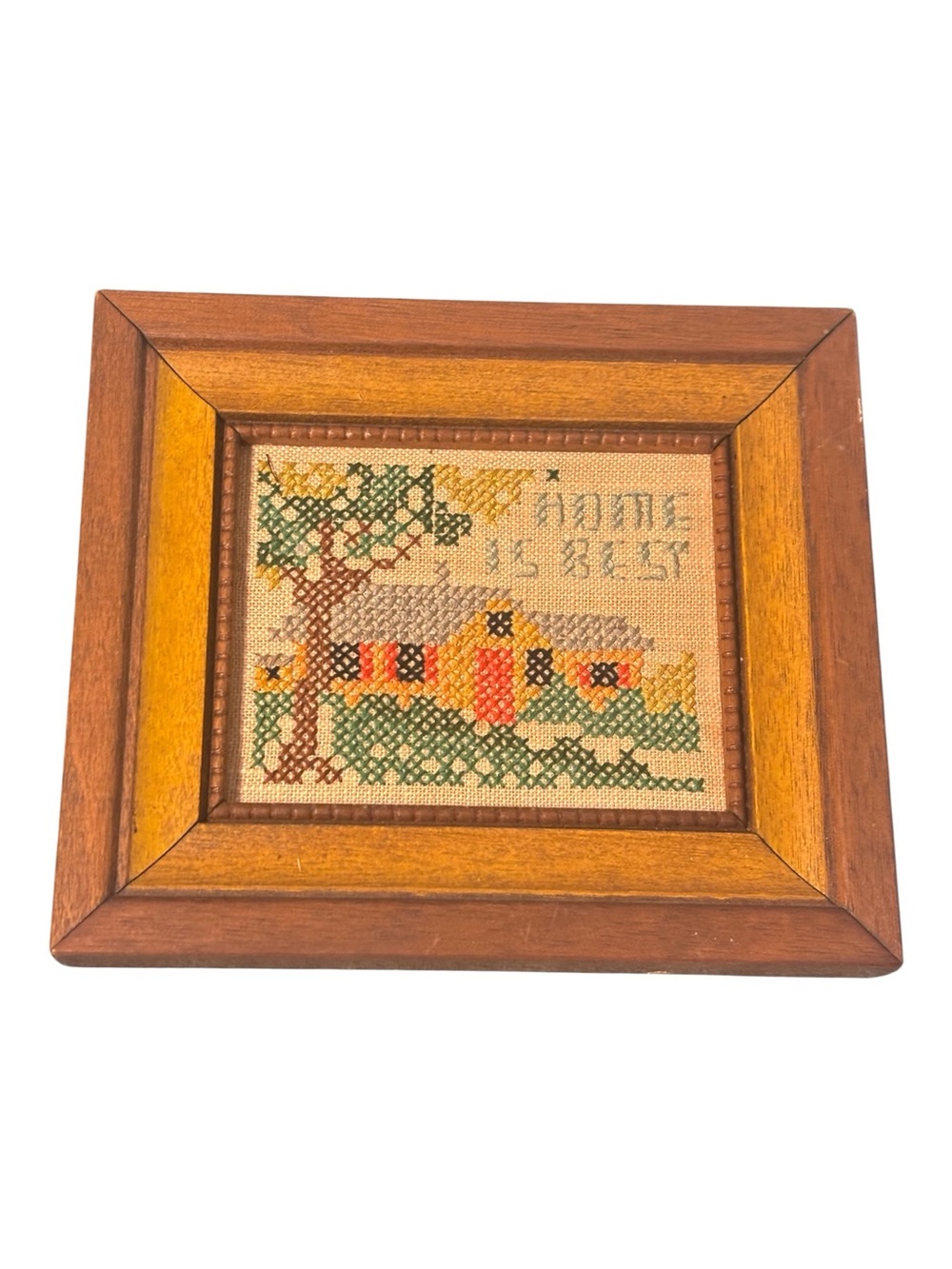 Framed Vintage Cross Stitch Cottage Wall Art says “Home is Best” 6.5 X 7.5